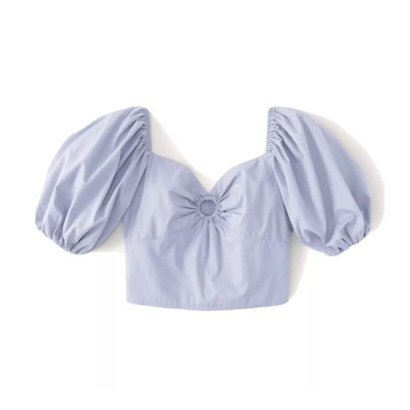 Abercrombie&Fitch Cotton Blend Puff Sleeve Keyhole Cropped Blouse Blue Small - Picture 1 of 4